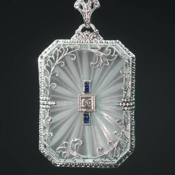 Elegant rock crystal, diamond and sapphire Edwardian filigree white gold pendant